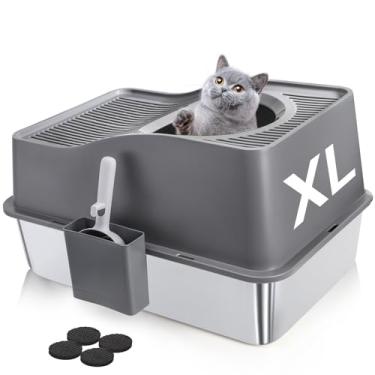 Imagem de SOUJOY Caixa de areia para gatos de aço inoxidável com tampa, caixas de areia de entrada superior extragrande para gatos grandes, caixa de areia de metal removível fechada com colher e parede alta