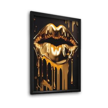Imagem de Quadro Decorativo Boca Dourada Tinta Beauty Lips Gold para Sala Quarto Com Moldura e Vidro