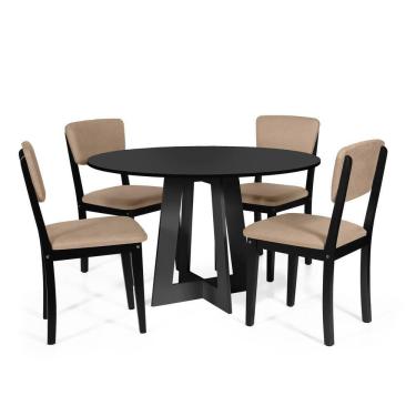 Imagem de Mesa De Jantar Redonda Montreal Preta Com 4 Cadeiras Estofadas Ella Preto/marrom Claro