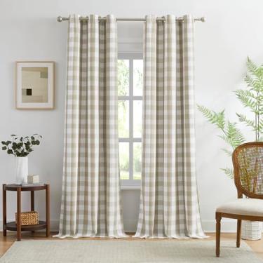 Imagem de Amzdecor Cortinas blecaute xadrez búfalo branco bege 220 cm de comprimento para quarto, sala de estar, quinta, estampada, isolamento térmico, isolamento acústico, ilhós, tratamento de janela, 2