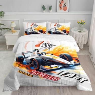 Imagem de Smell Sunshine Jogo de cama com estampa de carro de corrida, esportes radicais, 1 edredom e 2 fronhas para quarto de meninos e meninas, todas as estações (carro completo)