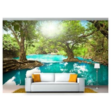 Imagem de Papel De Parede Lago Azul Floresta Árvore 3D Nlk135 - Você Decora