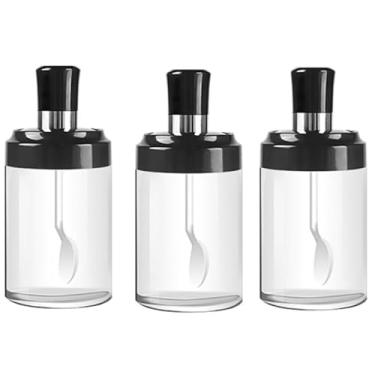 Imagem de Conjunto Porta Temperos de Vidro com Colher 3 Potes para Sal, Açucar, Pimenta, Tomilho, Orégano, Condimentos e Especiarias
