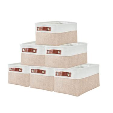 Imagem de DECOMOMO Cestas pequenas | Cestas de armazenamento para organizar prateleiras armário de linho banheiro tecido de bebê tecido de berçário cestas decorativas vazias para presentes (bege e branco, pequeno - pacote com 6)
