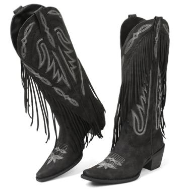 Imagem de Grakihily Botas de caubói para mulheres, retrô, bico fino, sem cadarço, salto grosso, borla, country para concerto, botas de panturrilha ocidental, cowgirl, Pu/preto, 36