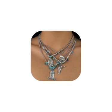 Imagem de CSIYANJRY99 Colares ocidentais em camadas para mulheres, vintage, turquesa, miçangas, joias ocidentais para mulheres, corrente cruzada, cacto com cabeça de boi, colares de corrente cruzada, concerto