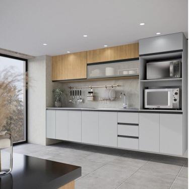 Imagem de Cozinha Modulada 8 Peças 4 Aéreos 3 Balcões 1 Torre Quente Nara Cabecasa Madeiramadeira Avena/Cinza Claro