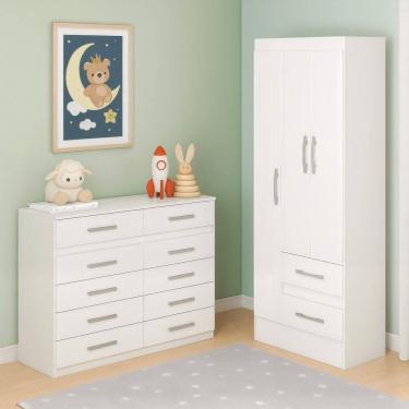 Imagem de Quarto Infantil com Cômoda 10 Gavetas e Guarda-Roupa 3 Portas e 2 Gavetas Ninho Branco
