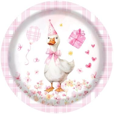 Imagem de 24 peças de pratos de papel One Silly Goose 23 cm xadrez rosa pratos de festa de ganso descartáveis com lindo chapéu de festa, margarida, corações e presentes design para festas de aniversário, chás