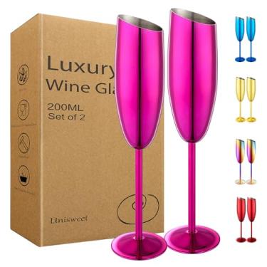 Imagem de UNISWEET Conjunto de 2 taças de champanhe, taças de champanhe de aço inoxidável para casamento e festa de aniversário, taça de champanhe inquebrável de boca inclinada de 200 ml com haste longa