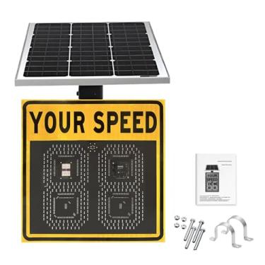 Imagem de Sinal de limite de velocidade de radar movido a energia solar, 61 cm x 61 cm LED sinal de feedback de radar sinal de aviso de tráfego placa de aviso de velocidade com acessórios (amarelo)