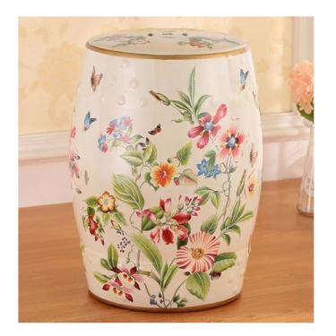 Imagem de LANYANZI Banquetas decorativas versáteis de jardim - Banqueta de tambor de cerâmica chinoiserie, banco de troca de flores e pássaros vazado, adequado para sala de estar, varanda, jardim, etc. (branco)