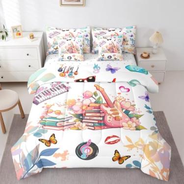 Imagem de Erosebridal Jogo de cama com tema musical King Guitar Floral Butterflies Conjunto de edredom para fãs de cantores, estilo moderno, cama em uma bolsa, desenho animado de gato, álbum, colcha com lençol