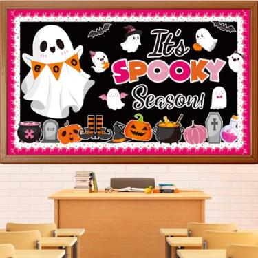 Imagem de Decorações de quadro de avisos fantasma de Halloween, decoração de sala de aula de Halloween rosa fofo fantasma boo abóbora morcego recortes de outubro biblioteca escolar decoração de porta de parede
