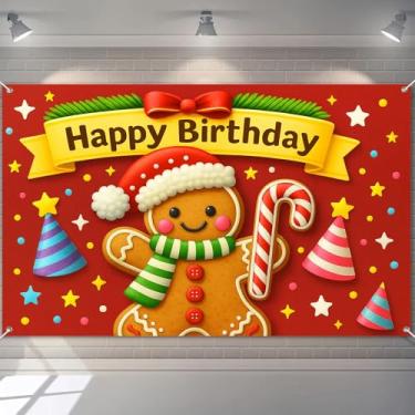 Imagem de HOMETITUTE Decorações de faixa de feliz aniversário, 188 x 109 cm, pano de fundo de festa de homem de gengibre, bengala doce, fundo de estrelas vermelhas, guirlanda de Natal para crianças, férias