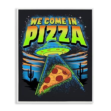 Imagem de Stupell Industries Design de arte giclée emoldurado branco We Come In Pizza Aliens por Jedco Brands, Inc., 14 x 11