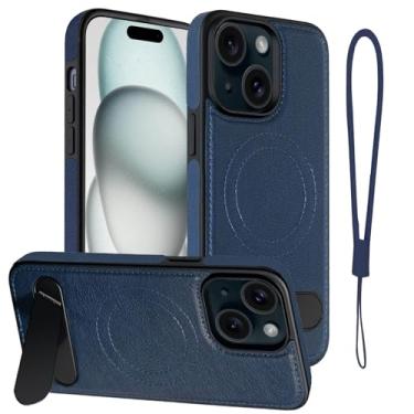 Imagem de Moment Dextrad Capa de couro magnética para iPhone 15, suporte embutido, compatível com MagSafe, alça de silicone, proteção interna de TPU, capa de telefone fina à prova de choque para iPhone 15 (azul