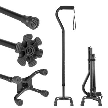 Imagem de Bengala de caminhada ajustável para mulheres e homens com base de 4 pontas para estabilidade extra, alça deslocada acolchoada de espuma para aderência macia, bengala dobrável para idosos para