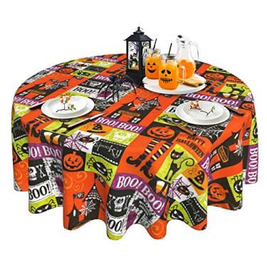 Imagem de Toalha de mesa de Halloween, toalha de mesa redonda laranja outono 152 cm, toalha de mesa xadrez búfalo para decoração de cozinha de casa de fazenda rústica, capa de mesa de tecido de poliéster limpável para outono ao ar livre