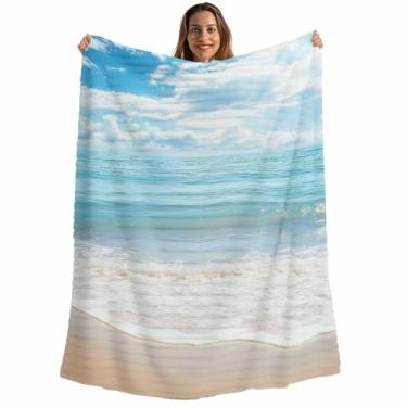 Imagem de Cobertor de praia costeiro, cobertor macio e fofo do oceano azul celeste para viagem de sofá-cama e ondas do mar náuticas, cobertores de flanela listrados de microfibra de pelúcia, cobertores leves de