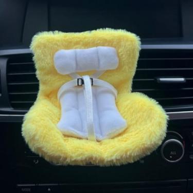 Imagem de Assento de carro para cadeira Labubu com capa de assento de almofada macia e peluda com perna de assento para exibição de mesa, decoração de carro para fãs de Labubu (amarelo)