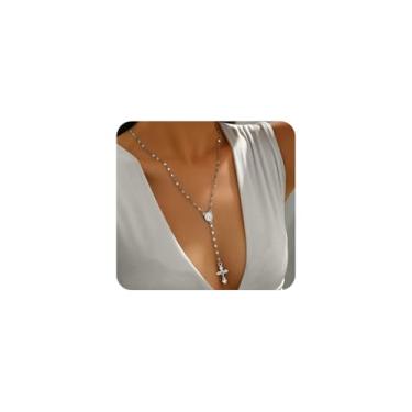 Imagem de GIGB PBDK Colar longo em forma de Y para mulheres, colar com pingente de cruz, corrente fina, moeda delicada, crucifixo, clavícula, colar, acessório simples para festas de férias diárias, Large, Liga