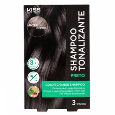 Imagem de Shampoo Tonalizante Kiss New York para Cabelo Preto, 3 Unidadesde x 30ml, Cobertura de Fios Grisalhos, Coloração Sem Amônia