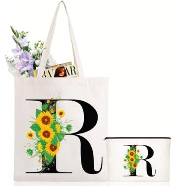 Imagem de Andeiltech Sacola de lona inicial com letra de girassol bolsa de maquiagem personalizada presente com monograma para damas de honra aniversário casamento, Letra de girassol - R, One Size