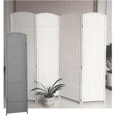 Imagem de Divisor De Sala De 3 Painéis, Tela De Privacidade Dobrável De Madeira Tecida Em Vime, Divisor De Parede Divisória Independente, Sem Montagem, White, 39.37x15.75in-3pcs