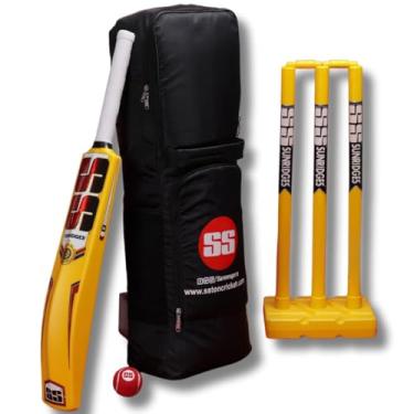Imagem de Conjunto de críquete de plástico composto SS com bolsa de kit premium, (1 taco de tamanho completo, 3 pavimentos, 1 base de wicket, 2 balas, 1 bola de tênis)