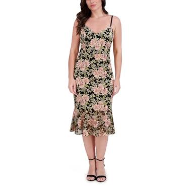 Imagem de Siena Vestido feminino midi colado ao corpo com acabamento em renda floral e alças finas, Preto Multi, 34