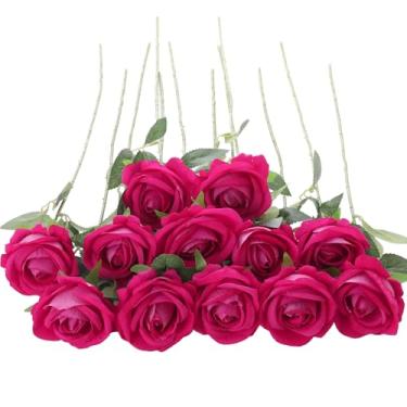 Imagem de Cloudecor 12 peças de rosas fúcsia, flores artificiais, rosas falsas, veludo sintético, rosa de seda para decoração de casamento em casa
