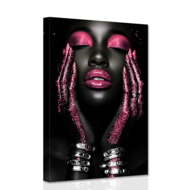Imagem de CCWACPP Arte de parede afro-americana arte em tela de mulher negra rosa preto decoração de mulheres africanas impressão quarto meninas decoração de quarto emoldurada (40,6 cm x 61 cm)