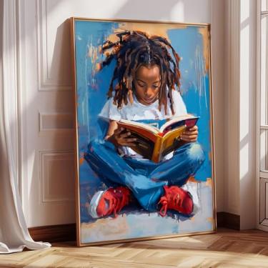 Imagem de Menino negro lendo arte de parede imagens afro-americanas pôsteres de crianças pretas pintura africana colorida impressão de leitura vintage arte de parede infantil abstrata colorida arte abstrata