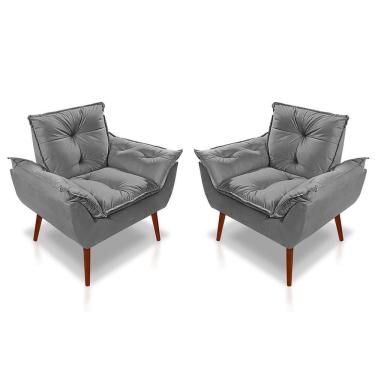 Imagem de Kit 02 Poltrona Opala Decorativa Suede Cinza Claro