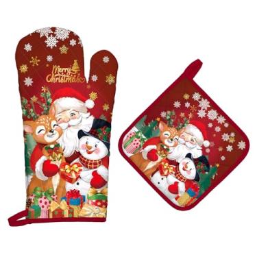 Imagem de Arquiel Conjunto de luvas de forno e suportes de panela de Papai Noel de Natal, 2 peças, 100% algodão, resistentes ao calor, luvas de forno extralongas para cozinha, cozinha, decoração de panificação