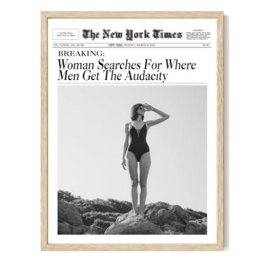 Imagem de Bwodke OAK Wood Framed Wall Art Trendy Newspaper Canvas Wall Art Retro Aesthetic Headline Pictures Decor Woman Searches for Where Men Get the Audacity Vintage Prints for Dorm Room Bedroom Bathroom