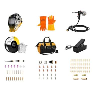 Imagem de Conjunto de ferramentas de soldagem SSimder 9 peças - pistola de carretel, pedal, capacete de soldagem, bolsa de ferramentas, fio de solda de alumínio, fio de núcleo de fluxo, consumíveis MIG