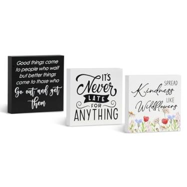 Imagem de Conjunto de placas inspiradoras de caixa de madeira, 3 peças de 12 x 12 cm com citações motivacionais blocos de madeira, escritório, casa, fazenda e escola, decoração de mesa rústica para mesa de