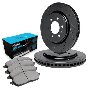 Imagem de Para Acadia, Traverse, Enclave, Blazer R1 Concepts eLine Kit de rotores de freio dianteiros pretos + pastilhas de cerâmica