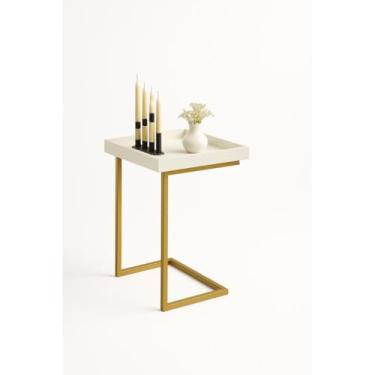 Imagem de Mesa Apoio Canto Centro Sala Sofá Pés De Ferro Industrial Moderno Minimalista Bandeja Café notebook MDF Tendencia(branco/dourado)