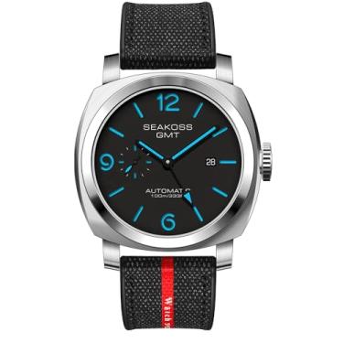 Imagem de GMT Relógios de pulso masculinos automáticos 45 mm, data, 10 ATM, impermeável, gaivota, ST2557, movimento luminoso, aço inoxidável, vidro safira, relógio de pulso mecânico, prata, preto, azul