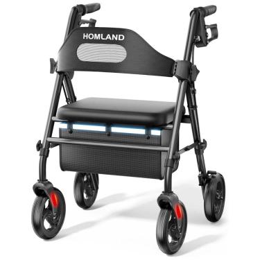 Imagem de Andador Dobrável para Idoso, com Assento, Rodas Grandes de 20 cm para Todos os Terrenos, Altura Ajustável e Suporta até 158 kg, HOMLAND