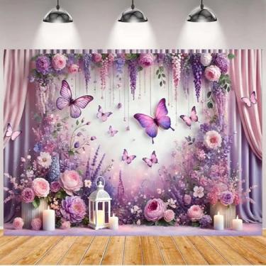Imagem de Fundo fotográfico floral de borboleta roxa para mulheres, meninas, flores com glitter, pano de fundo de bolinhas douradas, faixa de 1º aniversário, mesa de bolo para recém-nascidos, casamento, chá de