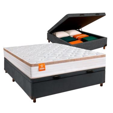 Imagem de Cama Box Bau Cinza Casal + Colchão Molas Ensacadas Isis Real Inducol