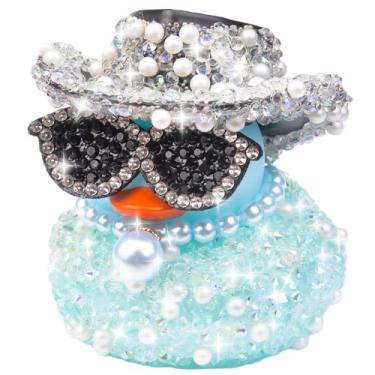 Imagem de MuMyer Ornamentos de carro de pato de borracha com strass, decorações de painel de carro de patos brilhantes com mini chapéu de caubói colar de óculos de sol