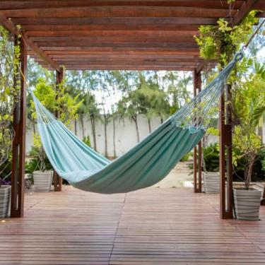 Imagem de Rede de Descanso Casal em Algodão 3,90m x 1,40m – Rede de Dormir para Varanda, Jardim e Camping(Verde Bebê com Branco)