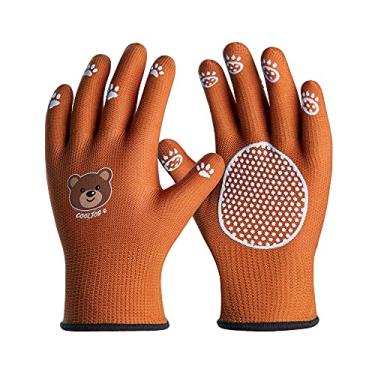 Imagem de COOLJOB Luvas de jardinagem médias para meninos e meninas de 4 a 6 anos, luvas de trabalho respiráveis para crianças com pontos de pata de animal aderentes para paisagem, urso marrom, 1 par