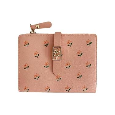 Imagem de Carteira feminina pequena e fina para cartão de crédito, carteira dobrável de couro sintético com bolso para moedas com zíper e janela para identidade, rosa, Carteira pequena