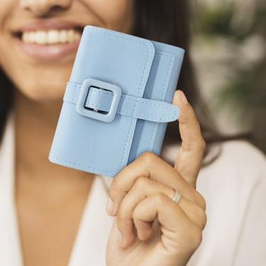 Imagem de Carteira curta feminina, de couro PU, fresca, simples, porta-cartões com janela para cartão de identidade, carteira moderna, Azul, Simples